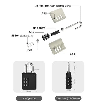 3 Dial Digit Combination Lock ABS Shell Zinc Alloy Password Lock Portable Security Anti-theft Luggage Backpack Suitcase Padlock