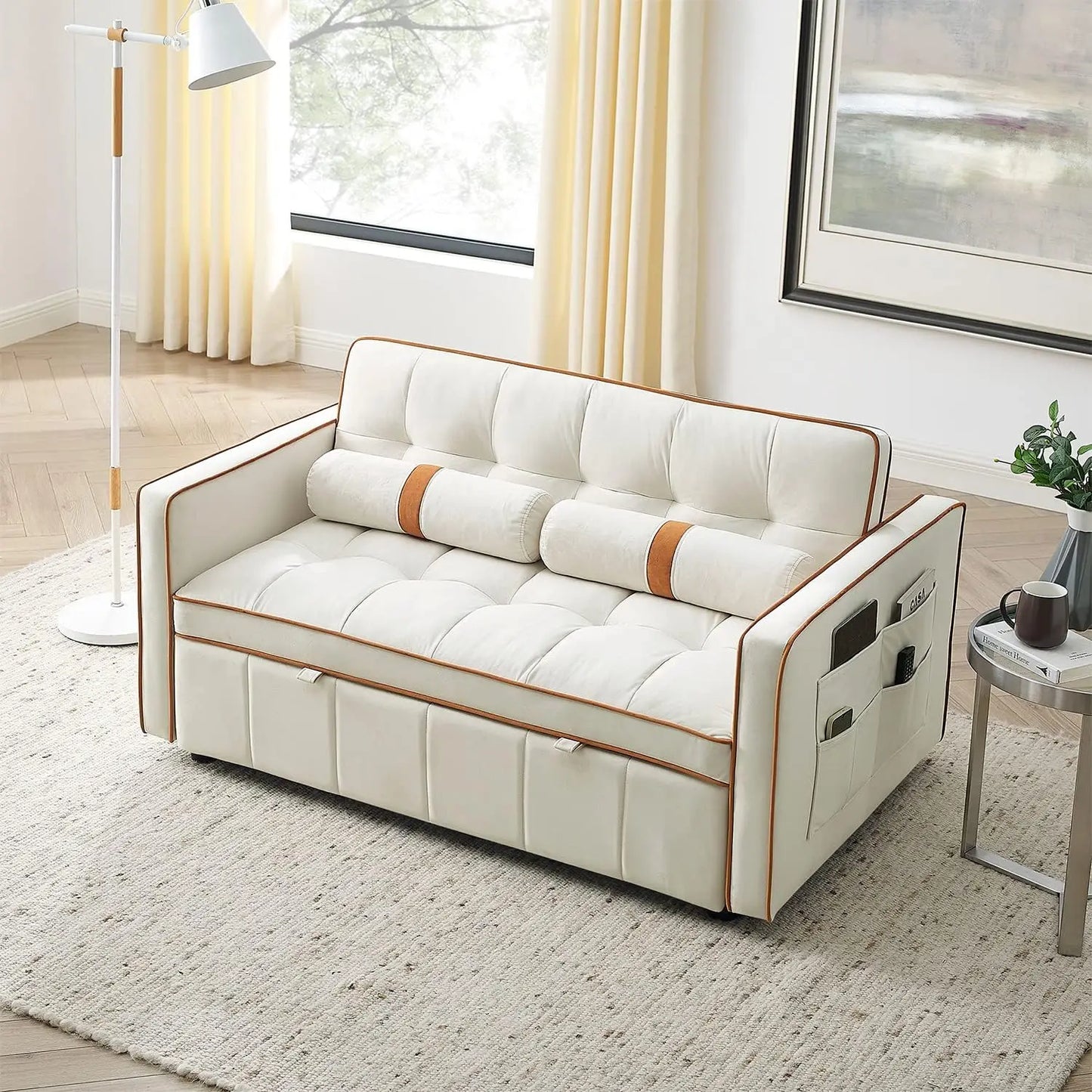 3 in 1 Sleeper Sofa Couch Bed Small Tufted Velvet Convertible Loveseat Futon Sofa w/Pullout Bed Adjustable Backrest Cylinder