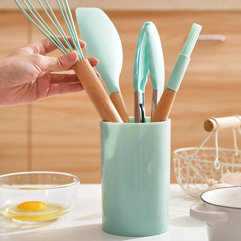 12PCS Silicone Kitchenware Non-Stick Cookware Kitchen Utensils Set Spatula Shovel Egg Beaters Wooden Handle Cooking Tool Set