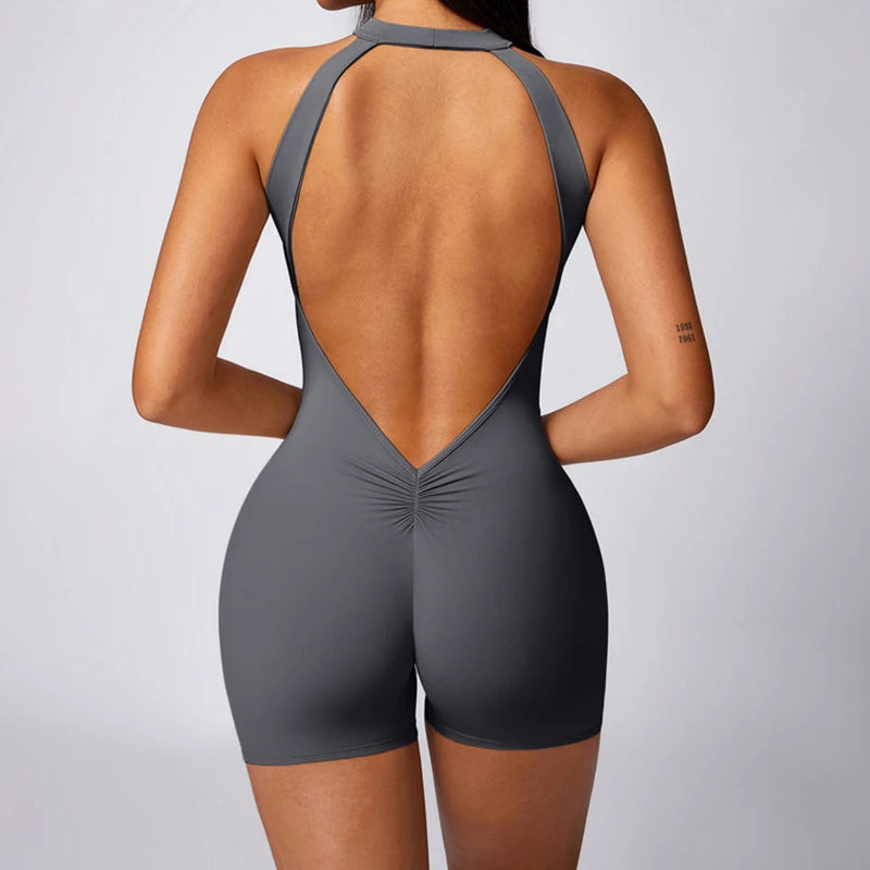 Backless Jumpsuits Zipper Sports Bodysuits Women Yoga Sets Sportswear Fitness Overalls One Piece Suit Workout Playsuit Female