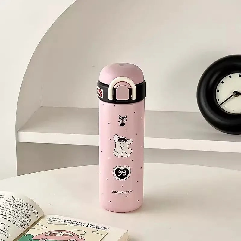 Cute Insulated Water Bottle Tumbler Kawaii Stainless Steel Thermos With Handle Straw For Coffee Tea Juice Portable Thermal Cups