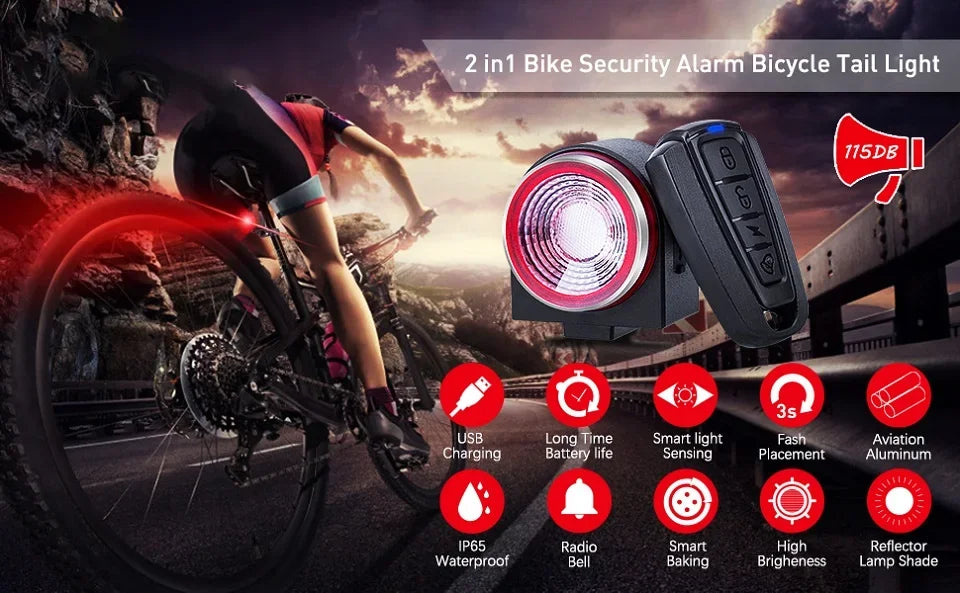 Anti-theft Alarm Bicycle Taillights Waterproof Wireless Remote Smart Brake Lampll Find Bike Locator Night Riding Warning Device