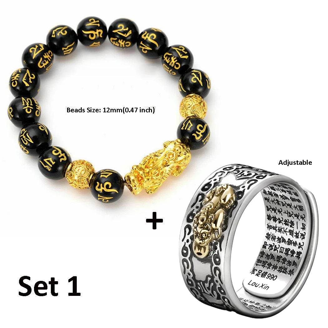 Unisex Men Pixiu Charms Ring Bracelet Chinese Feng Shui Amulet Wealth and Lucky Open Adjustable Ring Bead Bracelet - MarvelouStoree