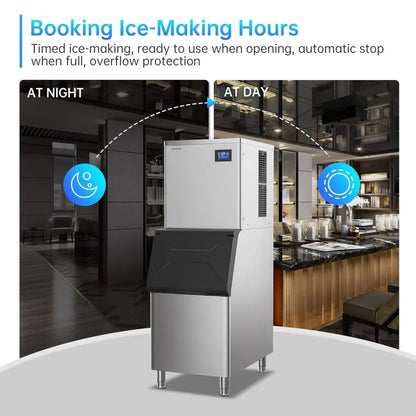 Commercial Ice Maker Machine,Stainless Steel,Automatic Cleaning,Blue Ray,Perfect for Bar or Business,includes Ice Shovel, Hose