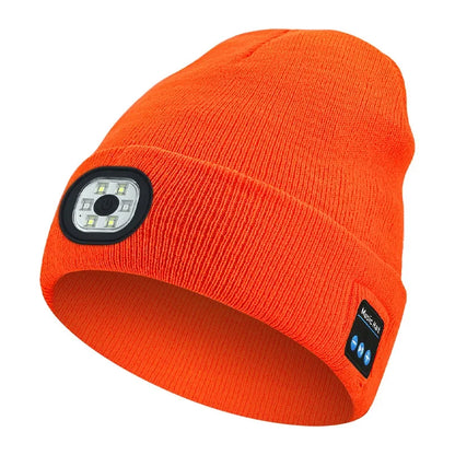 Outdoor Sport Bluetooth 5.0 Wireless Headphone Beanie Hat with LED Light and Built-in Microphone for Music and Calls