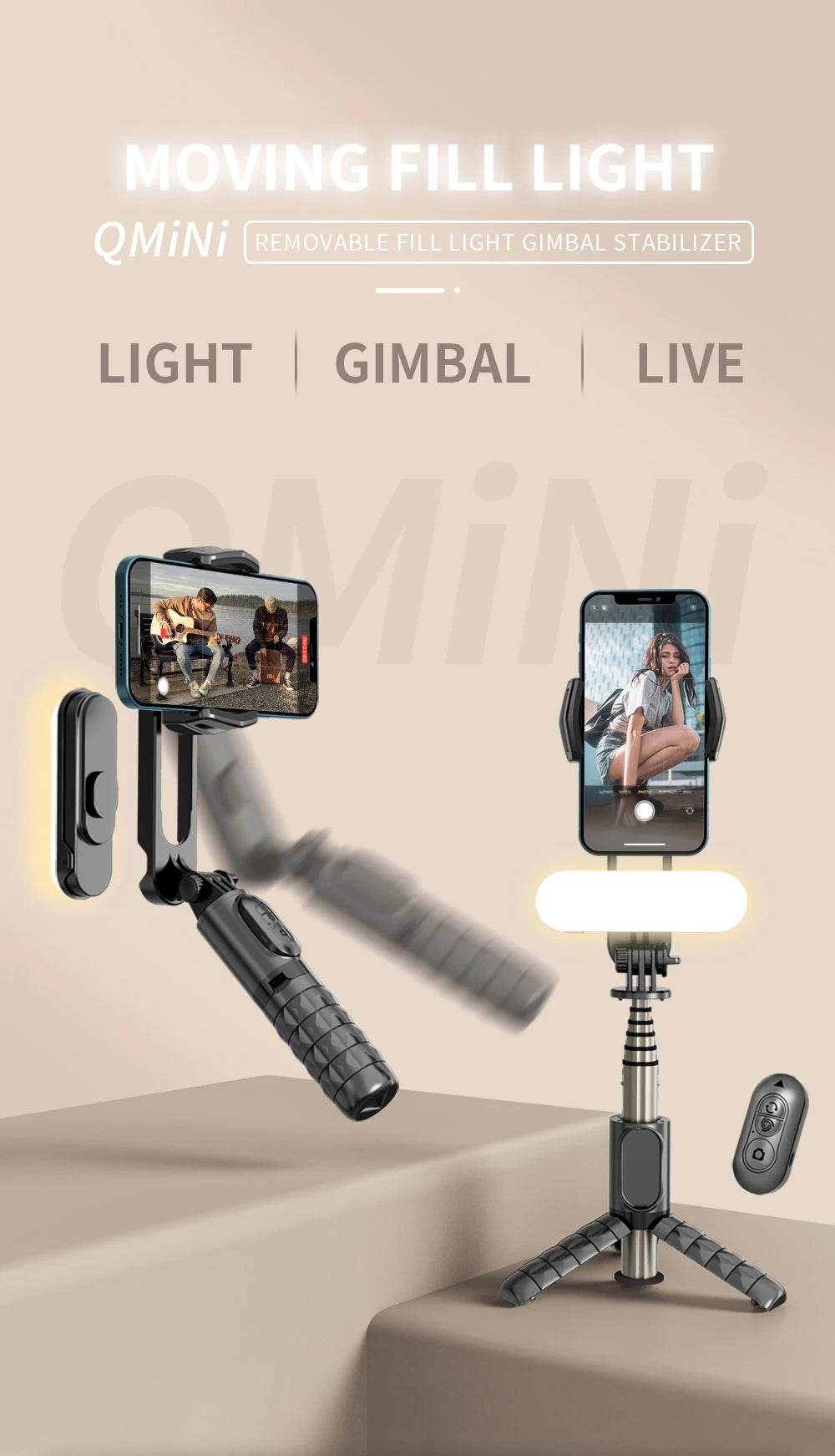 Handheld Gimbal Stabilizer Selfie Stick Tripod with Removable Fill Light Wireless Remote Portable Phone Stand Holder - MarvelouStoree