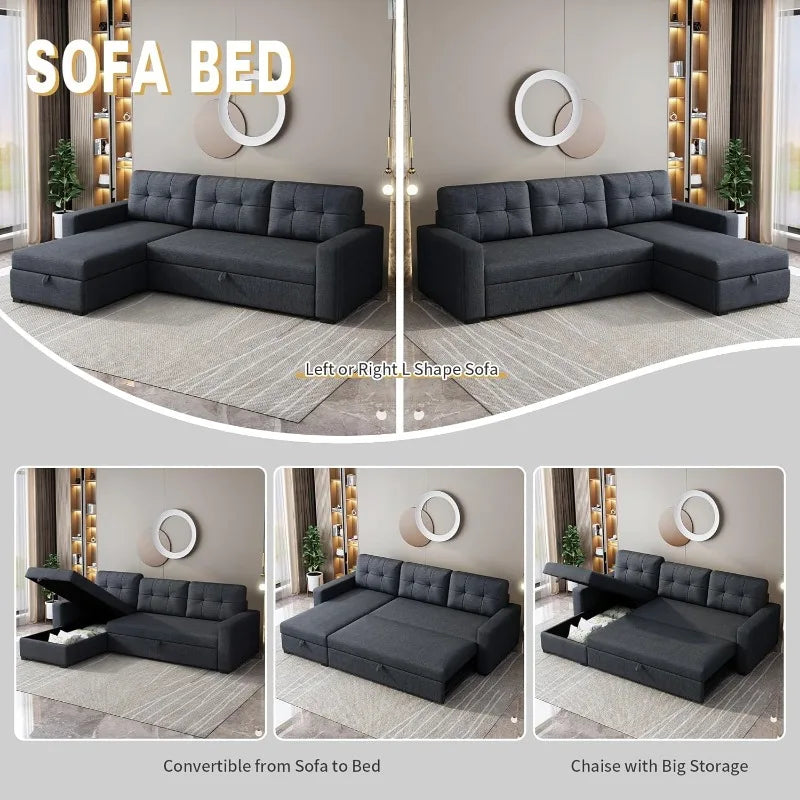 81.5" Sectional Sleeper Sofa with Storage Chaise, L Shaped Pull Out Couch Bed with 3 Removable Back Cushion for Living Room,Apar