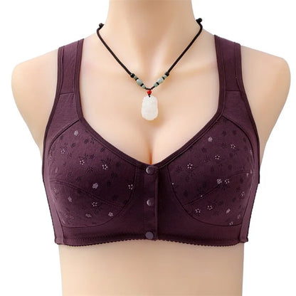 Women's Full Cotton Bras Front Closure Bra Printed Front Soft Cotton Middle-aged And Elderly Bras Plus Size Button Underwear