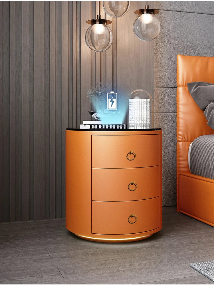 Round Bedside Table Nightstands Intelligent Audio Password Fingerprint Wireless Charging Wood Home Bedroom Chevet De Lit Meuble