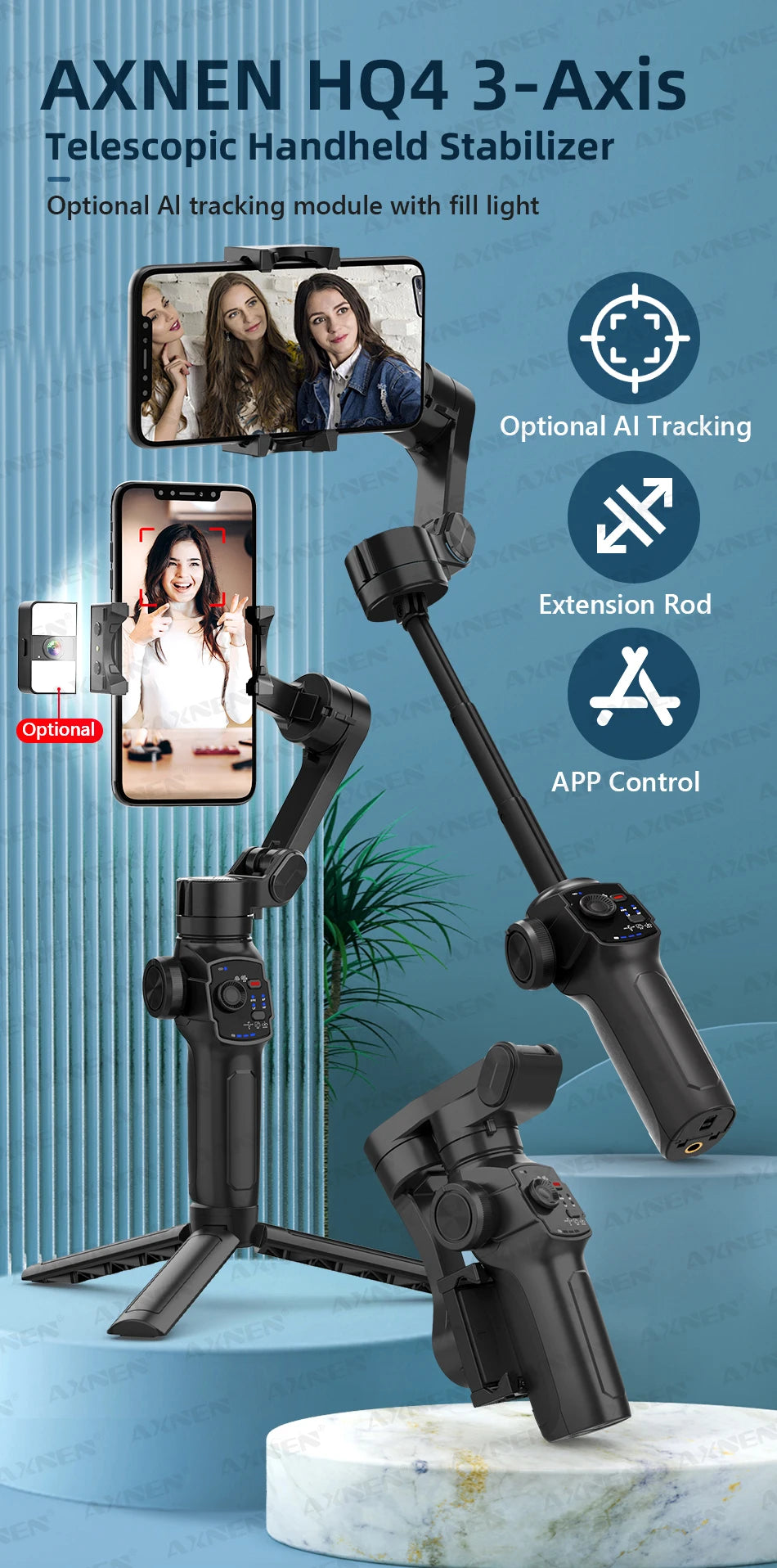 AXNEN HQ4 Smartphone Stabilizer Built-in Selfie Stick, Handheld 3-Axis Phone Gimbal for iPhone Pro Max Android Mobile CellPhone