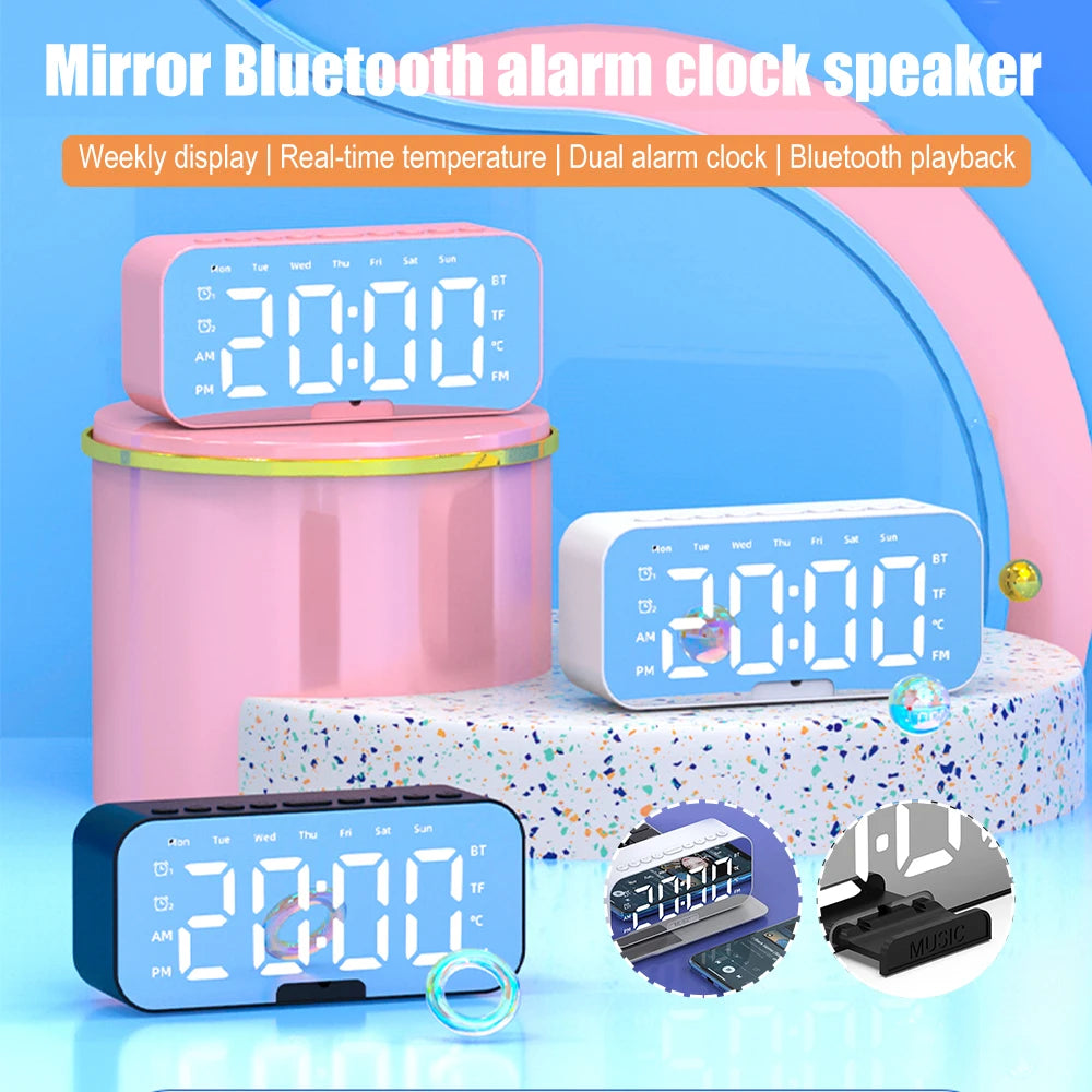 Wireless Bluetooth Speaker with FM Radio Mini Portable Mirror Dual Alarm Clocks LED Music Player Desktop Alarm Clock Speaker