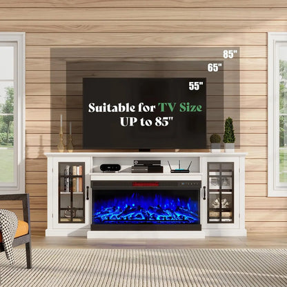 36 Inch 3-Sided Glass Fireplace TV Stand for TVs up to 80", Rustic Media Entertainment Center Console Table with Storage