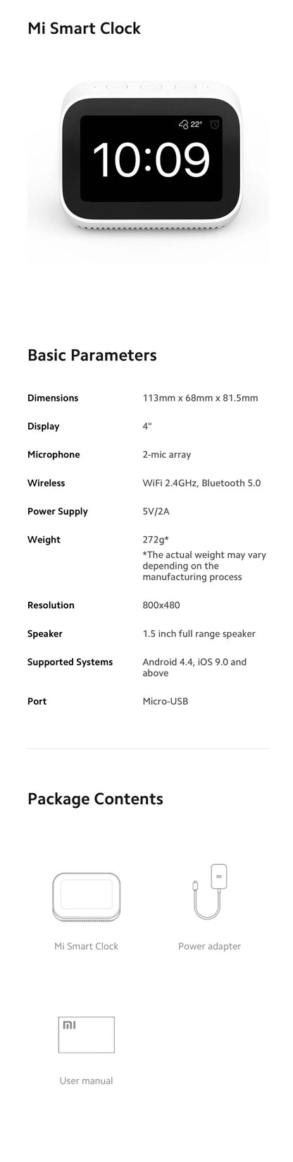 Global Version Xiaomi Mi Smart Clock AI Touch Screen Display Speaker Bluetooth 5.0 Alarm Clock WiFi Connection Ok Google Control