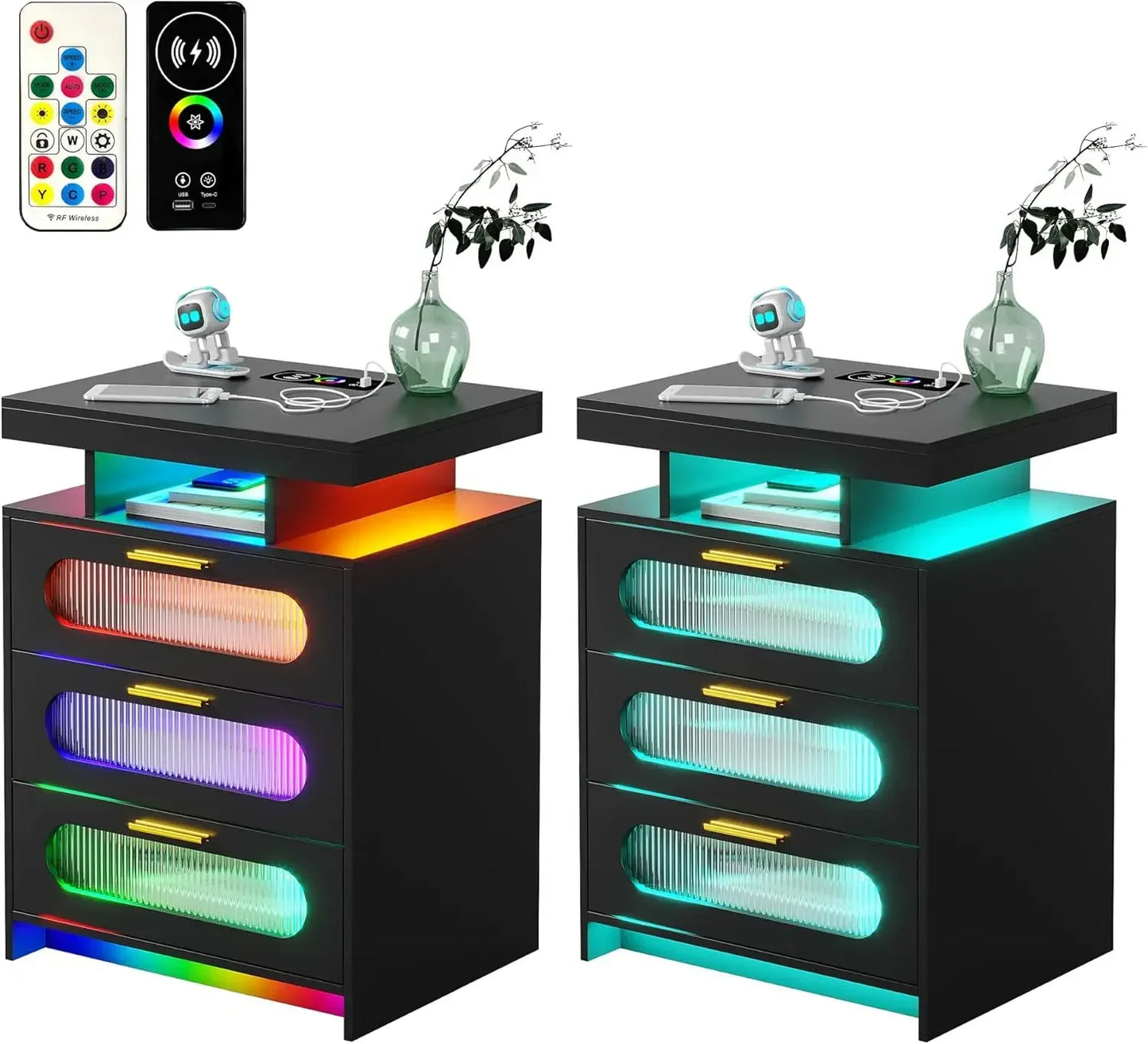 Nightstand Set of 2, Wireless Charging with LED Lights, 3 Drawers Night Stands, Bedside End Table with Smart Sensor,