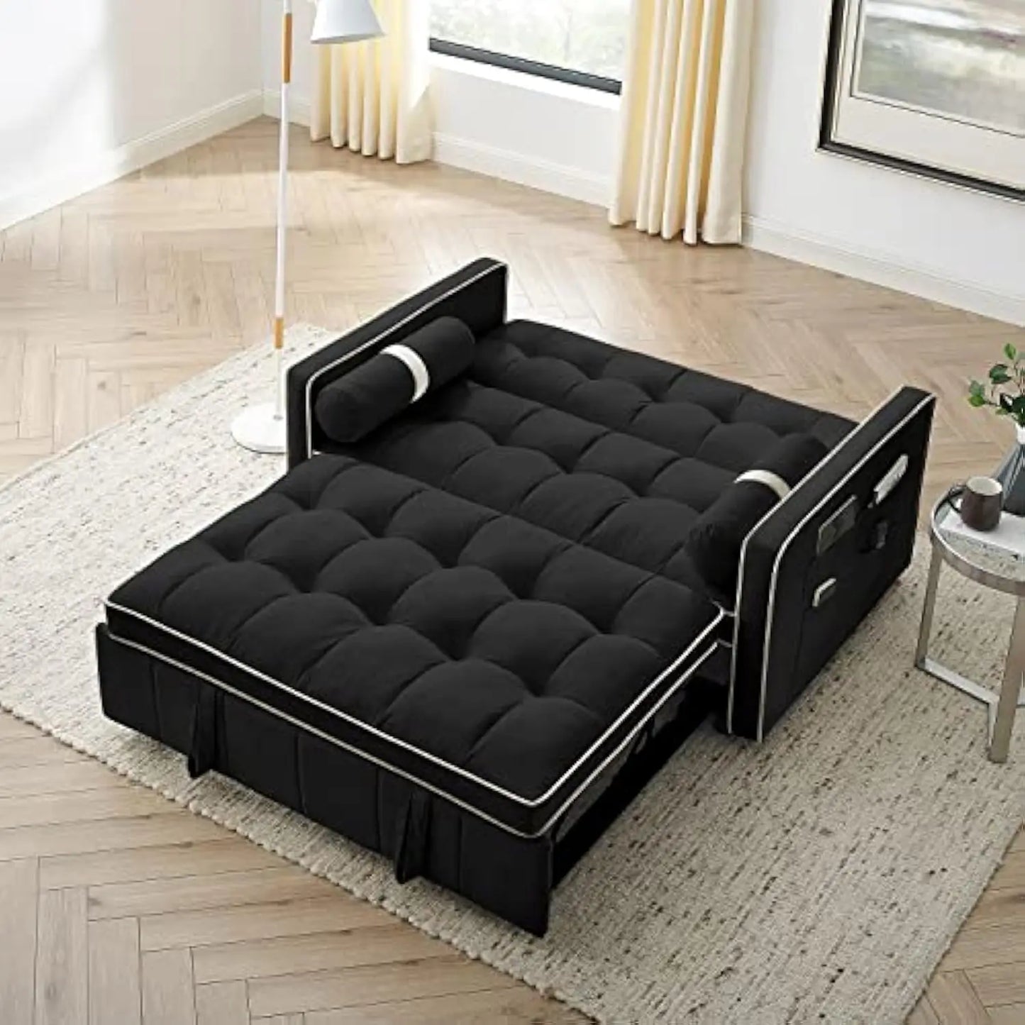 3 in 1 Sleeper Sofa Couch Bed Small Tufted Velvet Convertible Loveseat Futon Sofa w/Pullout Bed Adjustable Backrest Cylinder