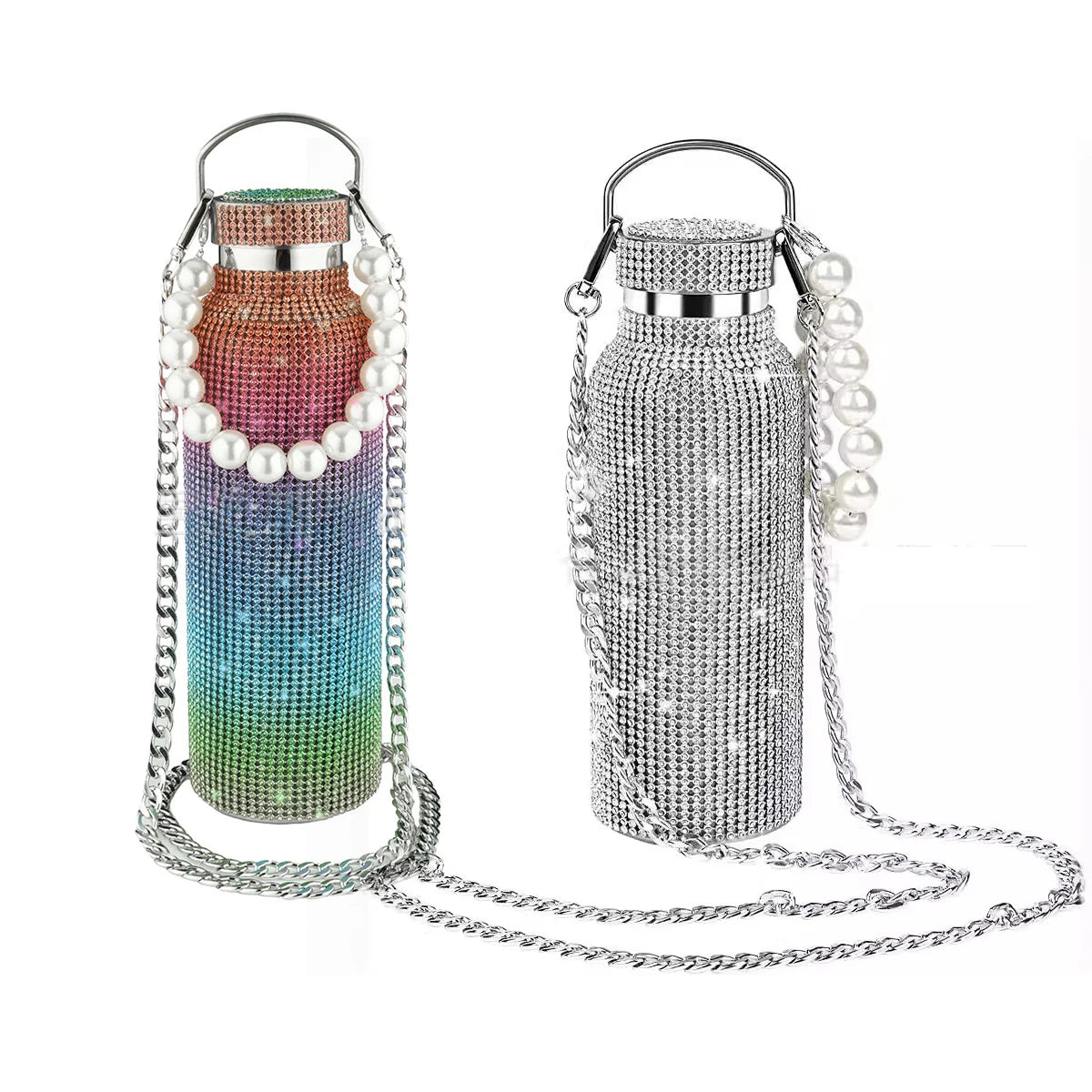 500/750/1000ml Diamond Thermos Bottle With 2pcs Chain Portable Rhinestone Water Bottle Double Wall Stainless Steel Thermal Flask