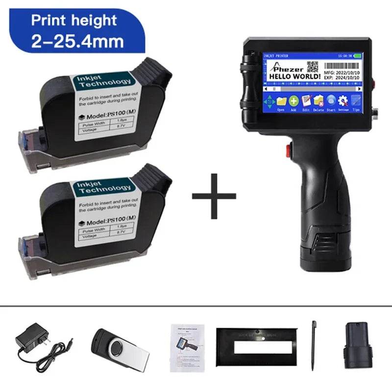 Phezer 12.7/25.4mm Label Printer Handheld Inkjet Printer QR Bar Batch Code Date Number Logo Expiry Date Coding Machine Portable - MarvelouStoree