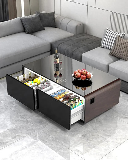 Living Room Table with Built in Fridge and Speakers, Smart Table with 15W Wireless Charging, USB Chargers and 110V Outlets