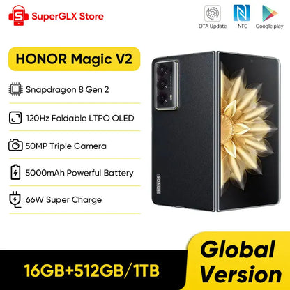 Global Version Honor Magic V2 5G Foldable LTPO OLED 120Hz Display 7.92" 50MP Rear Cameras Snapdragon 8+ Gen 2 5000mAh 66W NFC