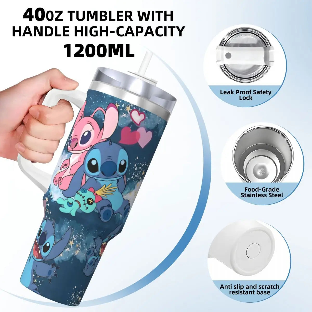 Stainless Steel Tumbler MINISO Stitch Mugs Cup With Straws Travel Cold and Hot Water Bottle Heat Preservation 40oz Thermal Mug