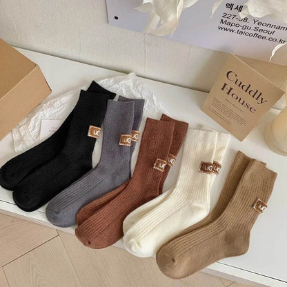 New Middle Tube Mid-Tube Socks Keep Warm Solid Color Snow Boot Socks Heel Furry Label Knitted Ins Women Socks Autumn - MarvelouStoree