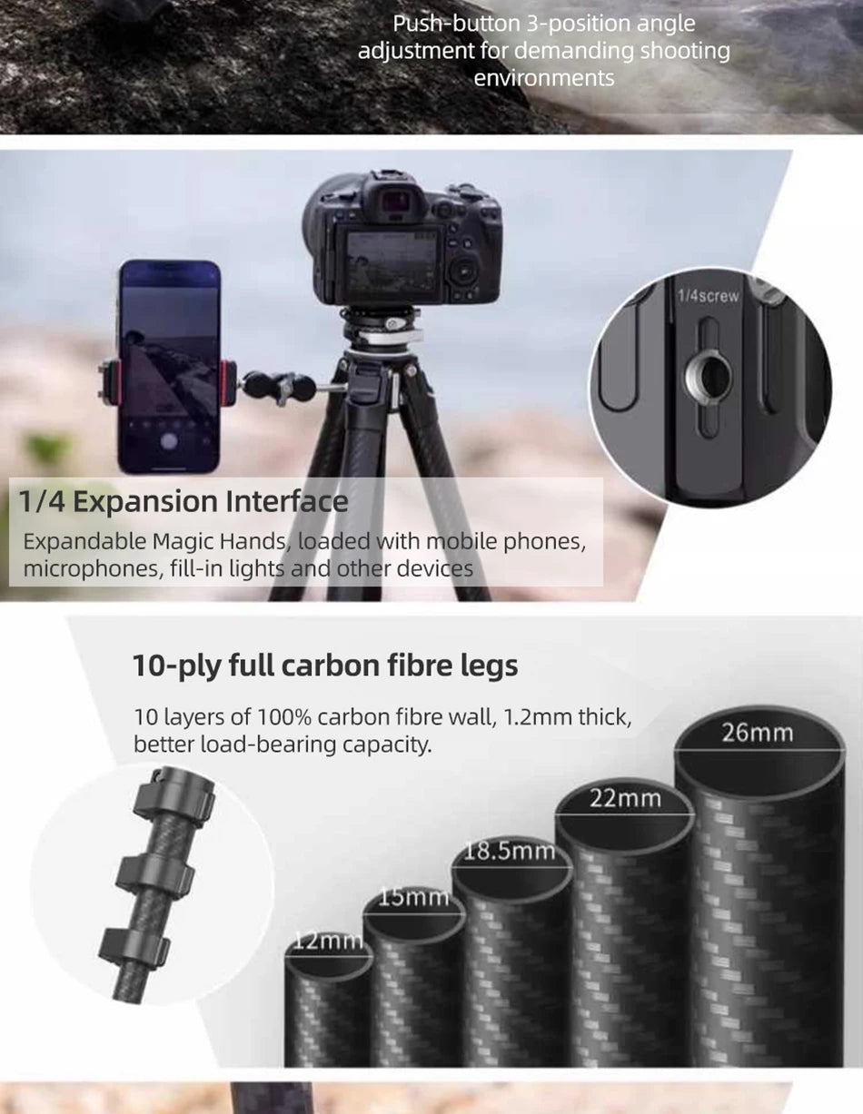 COMAN Zero F38 Carbon Fiber Lightweight Travel Tripod Professional Dslr Camera Tripod For Film making Smartphone Maxload 39.6lbs