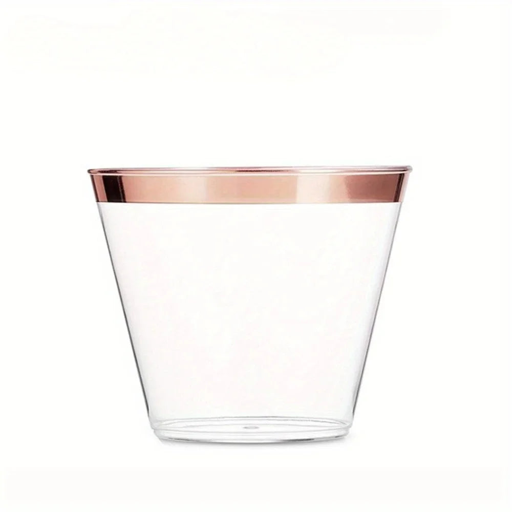 100pcs disposable plastic cups with rose gold and silver edges, 9oz, perfect for weddings, birthday parties, and tableware,