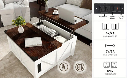 Lift Top Coffee Table with Storage, Wood Square Center Table with Charging Station&USB Ports,Living Room Central Table