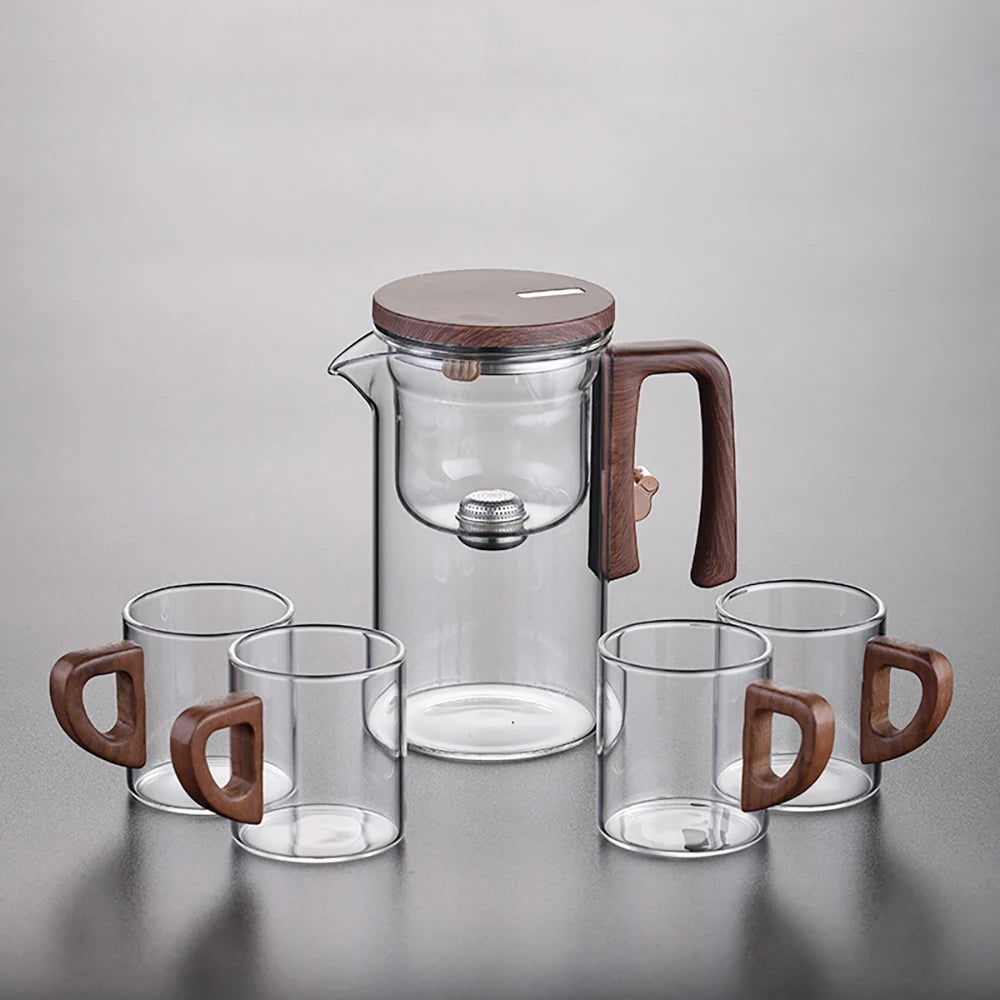 520ML/720ML Glass Teapot Water Separation Inner Container One Click Magnetic Switch Tea Filtration Tea Pot Wood Handle Cup Set