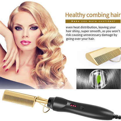 Leeons Black Hot Comb Hair Straightener Flat Iron Electric Hot Heating Comb Wet And Dry Hair Curler Straight Styler Curling Iron