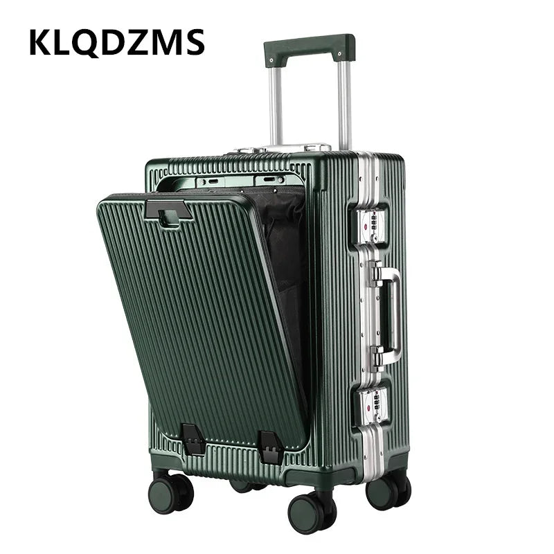 KLQDZMS Laptop Suitcase Front Opening Boarding Case Aluminum Frame Trolley Case 20"24 Inch USB Charging Travel Bag Luggage