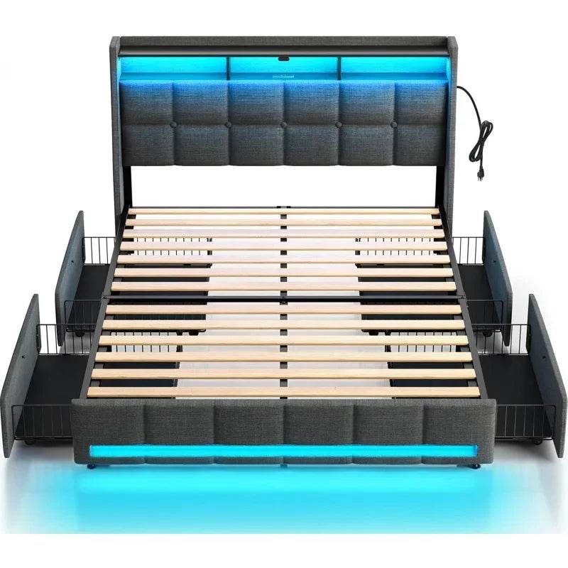 Rostar Queen Size Bed Frame with LED Lights and Charging Station,Upholstered Bed Storage Headboard & Drawers,Heavy Duty W - MarvelouStoree