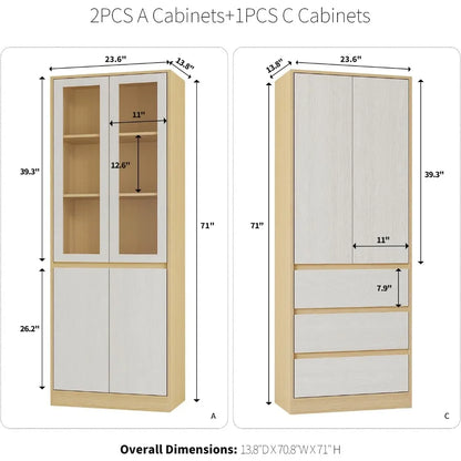 3PCS Vertical File Cabinet, 5-Tier Modern Bookshelf with 3 Large Drawer, Glass Display  with Lager Storage Shelf