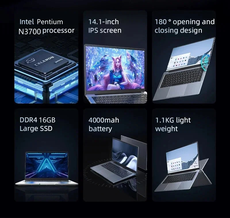 New Laptop Computer Windows 11 Intel Pentium N3700 2024 Notebook PC Gamer 16GB RAM 512GB 1TB SSD 1920*1080 Office Computer 2024