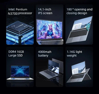 New Laptop Computer Windows 11 Intel Pentium N3700 2024 Notebook PC Gamer 16GB RAM 512GB 1TB SSD 1920*1080 Office Computer 2024