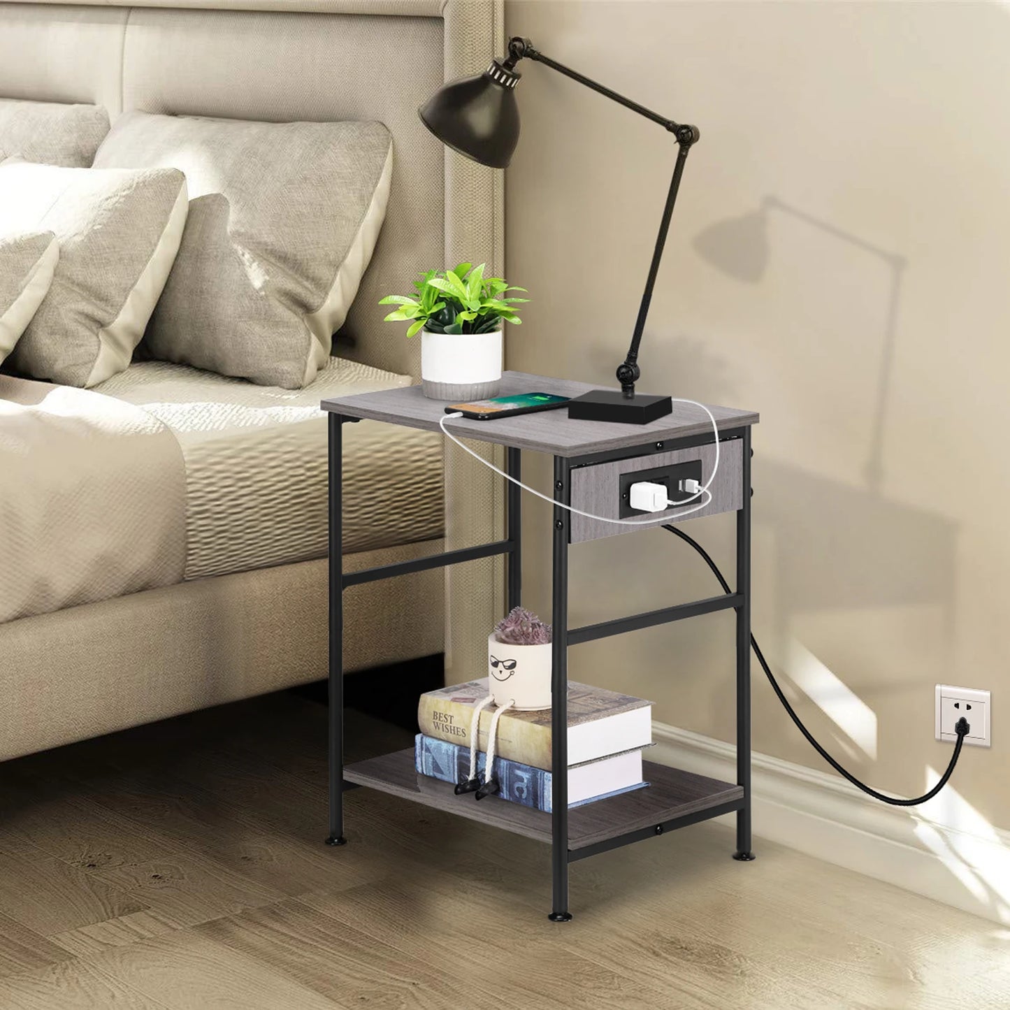 Set of 2 Nightstands with Charging Station, End Table, Sofa Side Table for Bedroom