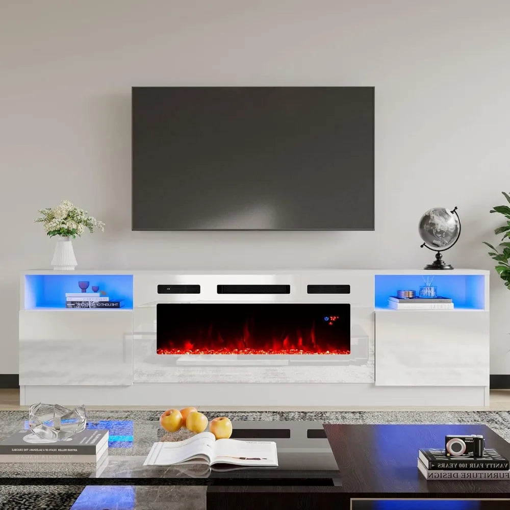 TV Stand with Fireplace, LED Light Entertainment Center 36" 70" Modern Wood Highlight Storage Cabinet for TVs up to 80", White