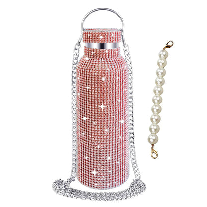 500/750/1000ml Diamond Thermos Bottle With 2pcs Chain Portable Rhinestone Water Bottle Double Wall Stainless Steel Thermal Flask