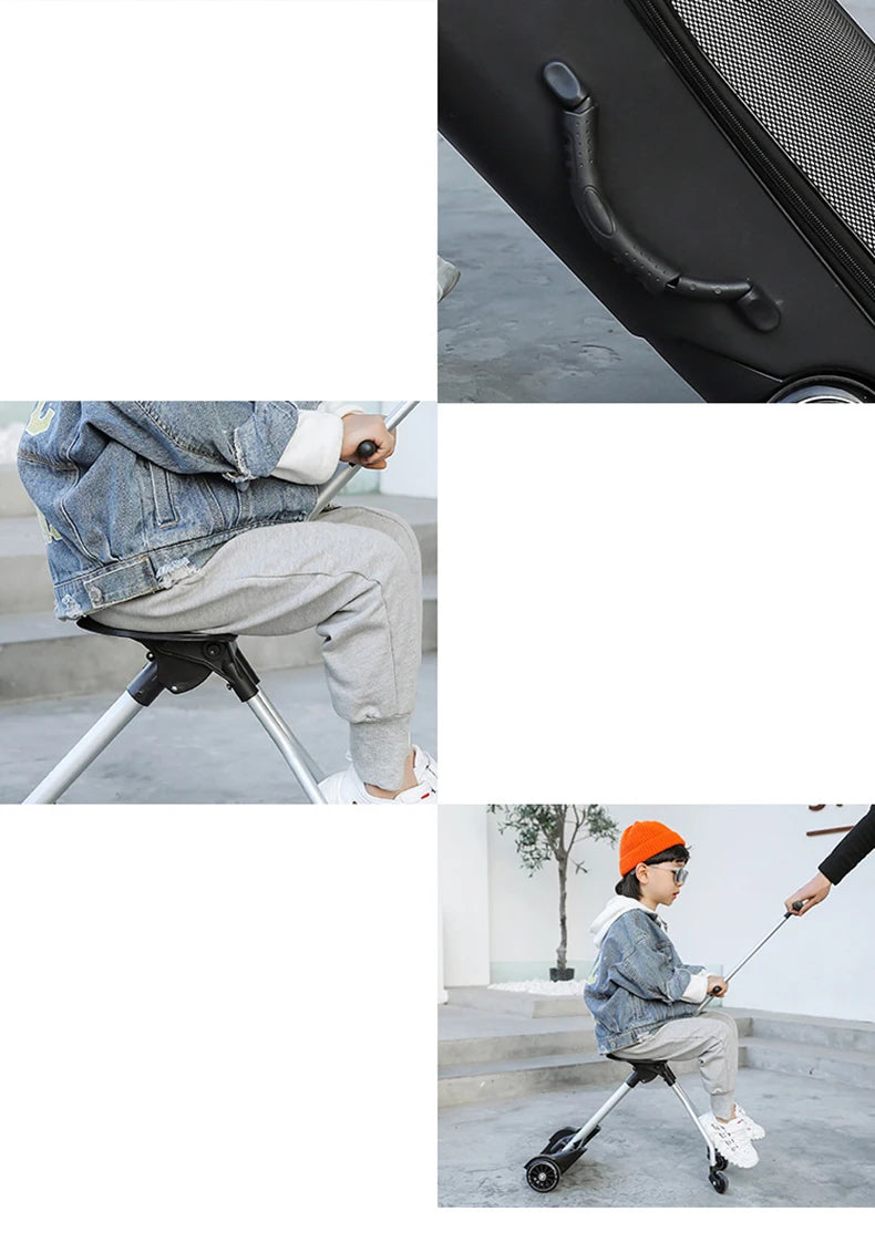 New design lazy baby sit on scooter luggage kids carry on travel suitcase bag boarding skateboard creative trolley case