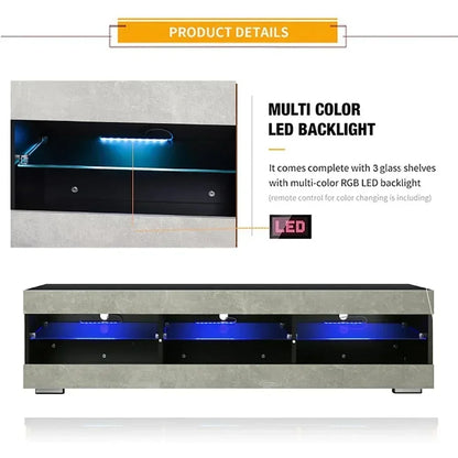 LED TV Stand for 65 inch TV Grey Black TV Stand with Led Lights Modern TV Entertainment Center with Glass Shelves TV