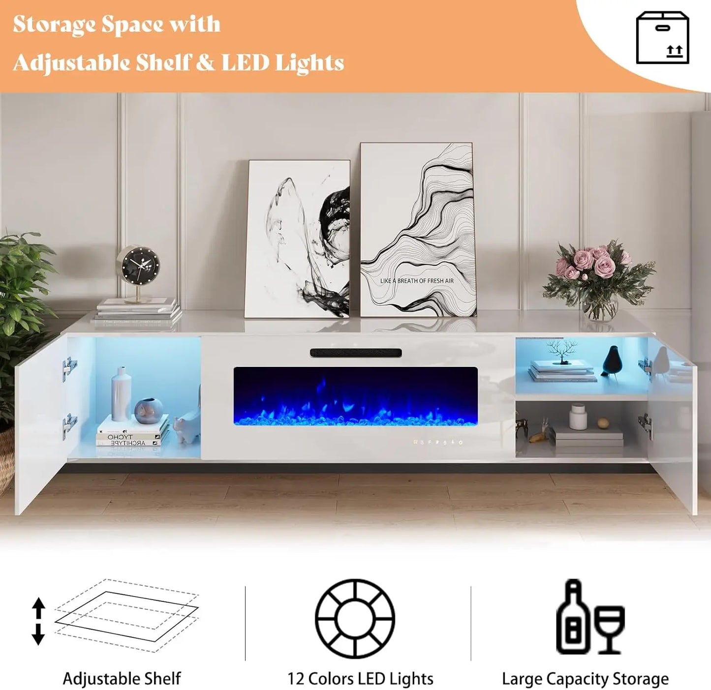 Floating Fireplace TV Stand, Wall Mounted Mirrored Entertainment Center 40" Electric ,LED Lights Media Console for TVs Up to 90"