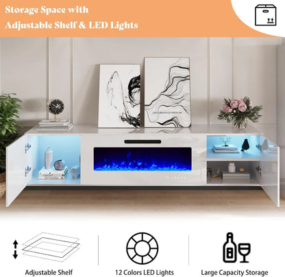 Floating Fireplace TV Stand, Wall Mounted Mirrored Entertainment Center 40" Electric ,LED Lights Media Console for TVs Up to 90"