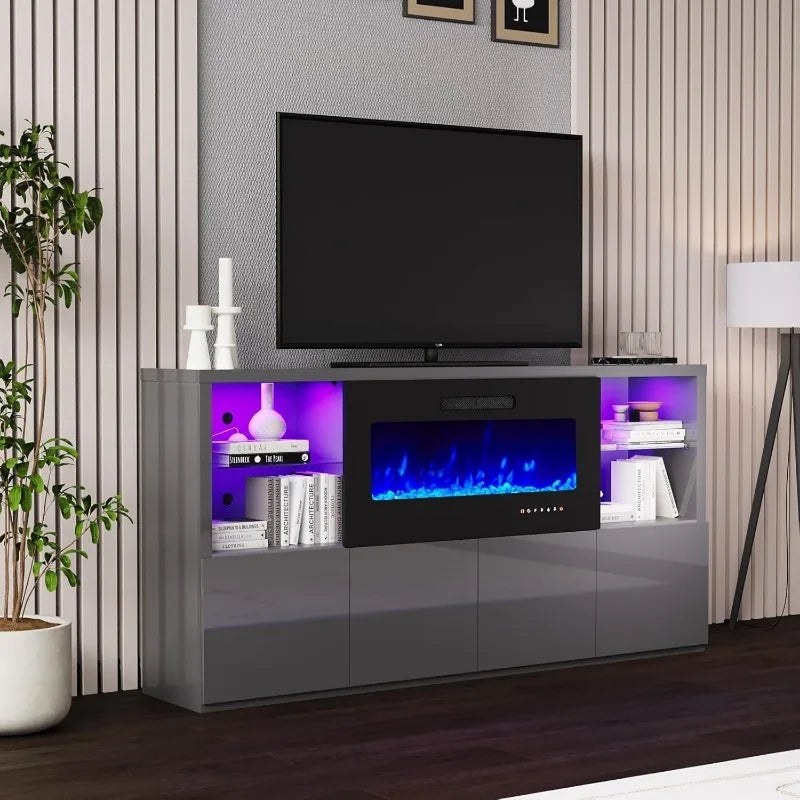 Modern High Gloss 68" Fireplace TV Stand, Media Entertainment Center with Fireplace & LED Lights for TVs up to 78", TV Console