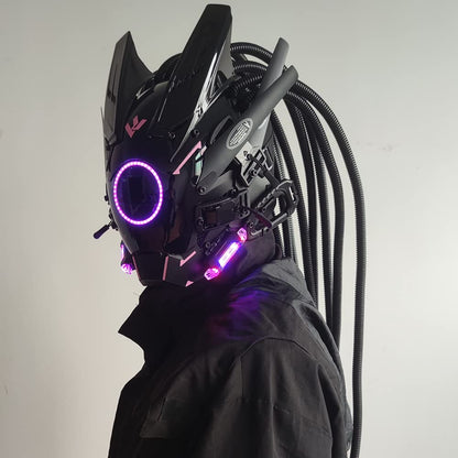 JAUPTO Cyberpunk mask  round lights with woven masks role-playing Halloween suitable for party music festival accessories