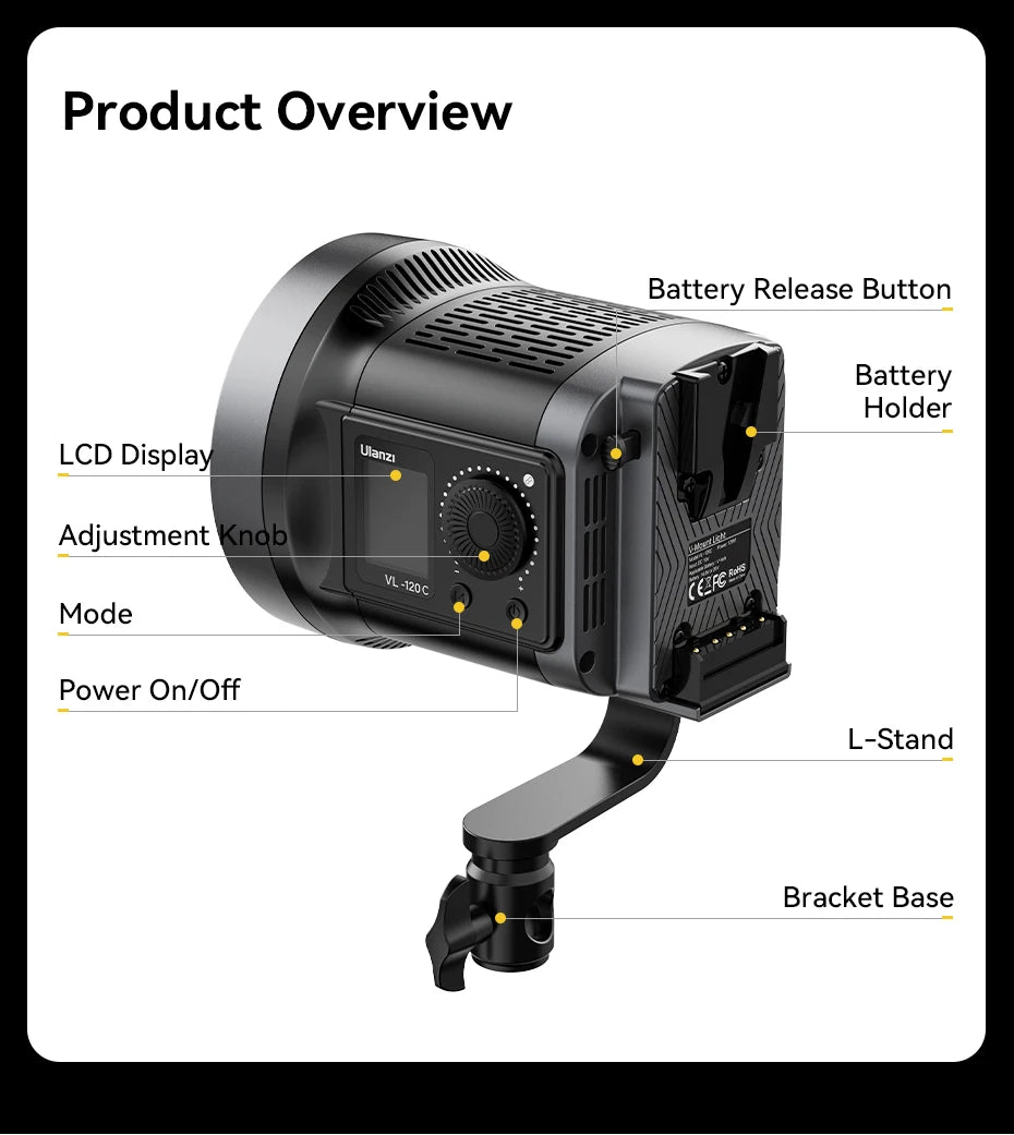 Ulanzi VL-120C 120W V-Mount RGB Full Color COB Video Light Wireless APP Control 2700K-6500K for Video Photography Studio Shoot