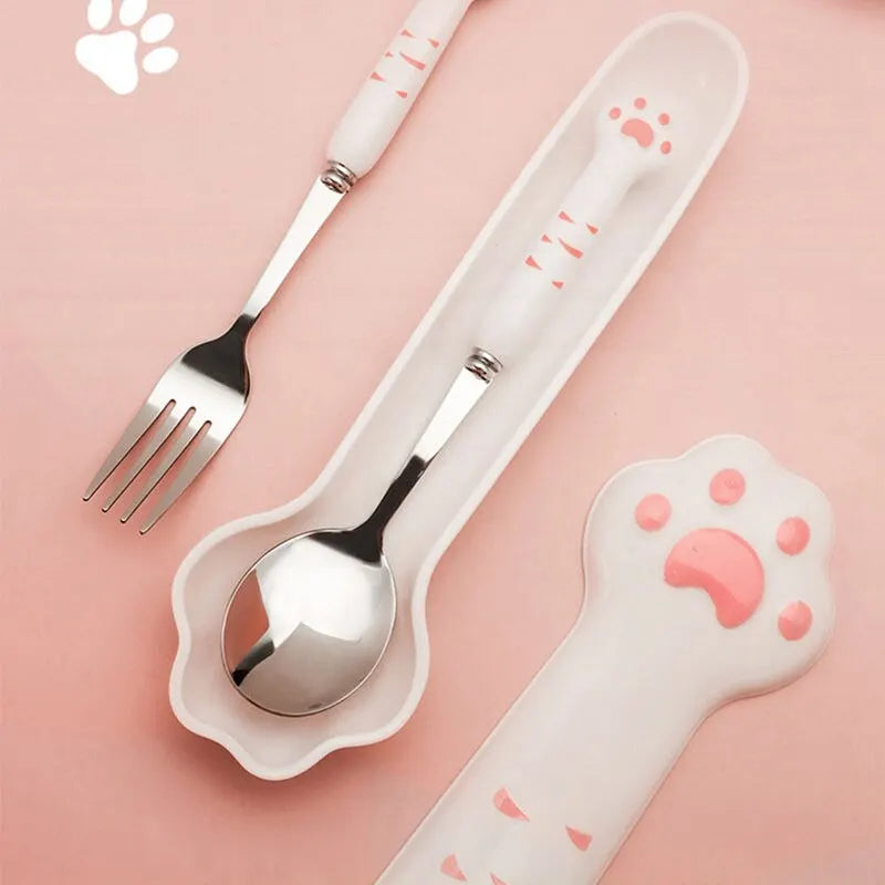 Stainless Steel Spoon and Fork Set with Storage Box Portable Tableware Cute Cat Paw Shaped Dinnerware Kit for Adults Kids School