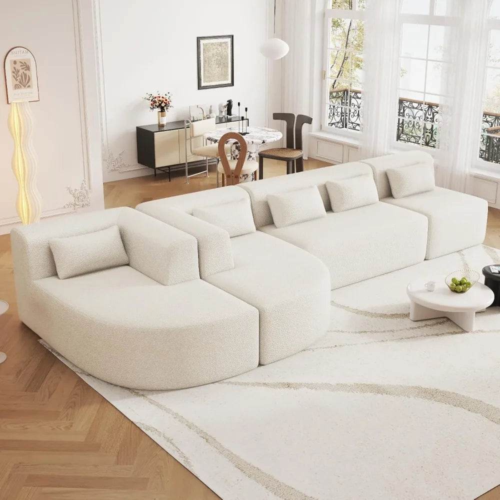 Sectional sofa, 4 free sectional sofas, modern upholstered sofa in Boucle fabric with 2 chaise longues and 5 cushions, beige - MarvelouStoree