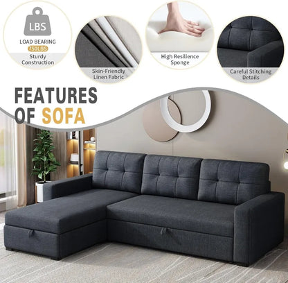 81.5" Sectional Sleeper Sofa with Storage Chaise, L Shaped Pull Out Couch Bed with 3 Removable Back Cushion for Living Room,Apar