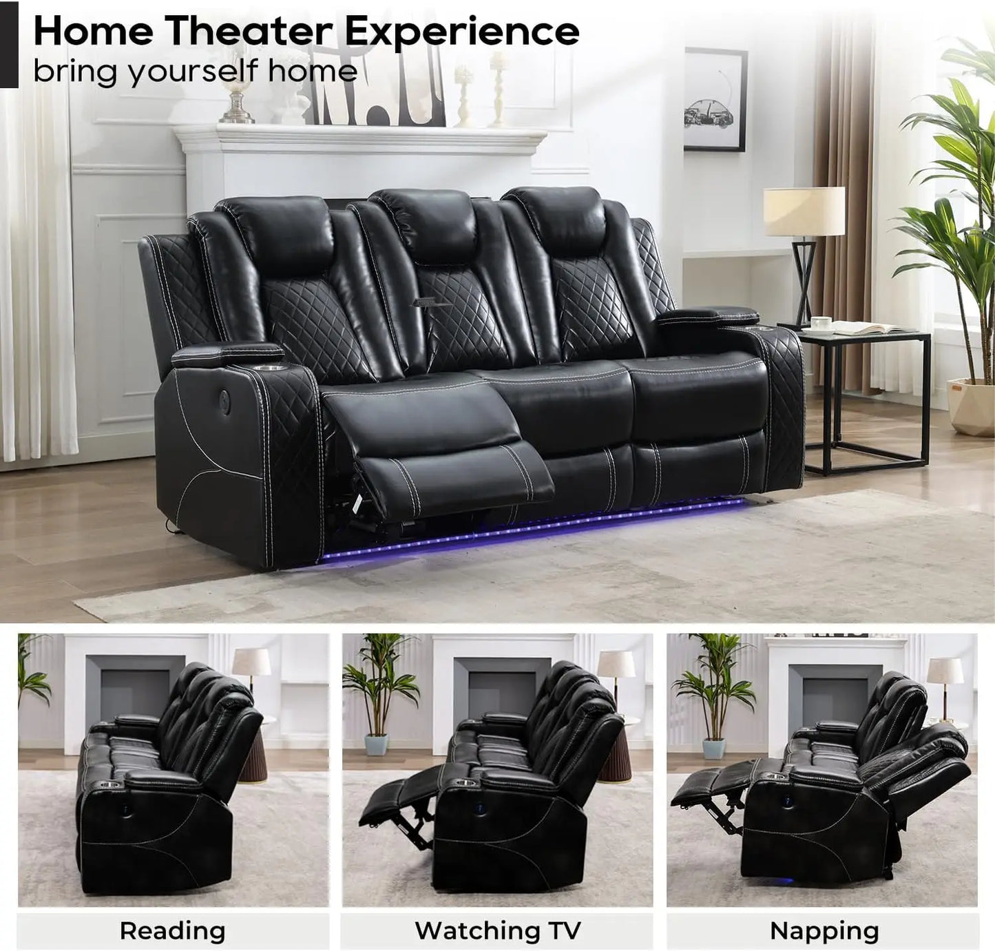 3 Seats Power Reclining Sofa with Wireless Charger,LED Floor Lights,Reading Light, Drop-down Table, USB/Type-C Port (Model:M070)