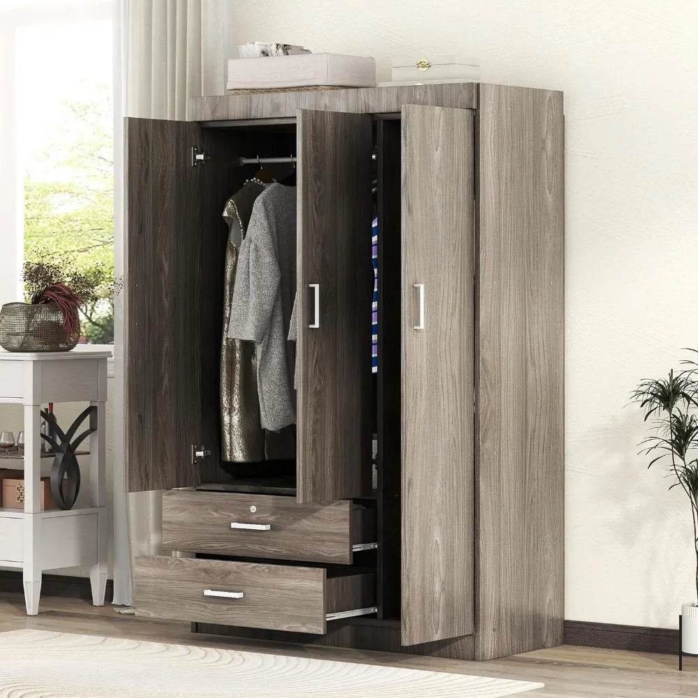 Freestanding Wardrobe Cabinet for Bedroom, 3 Doors Wooden Wardrobe Closet Cabinet with 2 Drawers， with Hanging Rod Shelf - MarvelouStoree